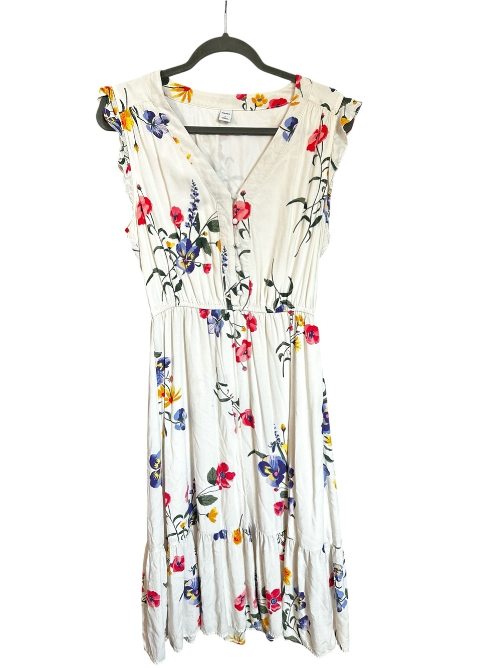 Old Navy White Floral V-Neck Midi Dress with Pink, Blue & Yellow Blooms